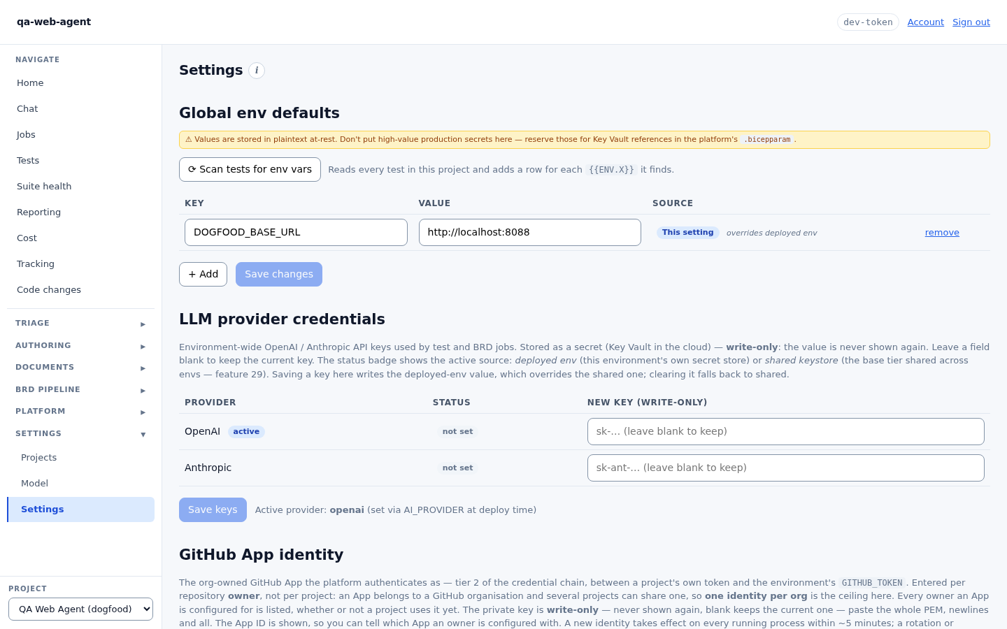 The Settings view: API keys with scopes, shown once when minted, with revocation; write-only model keys; GitHub App identity per owner.
