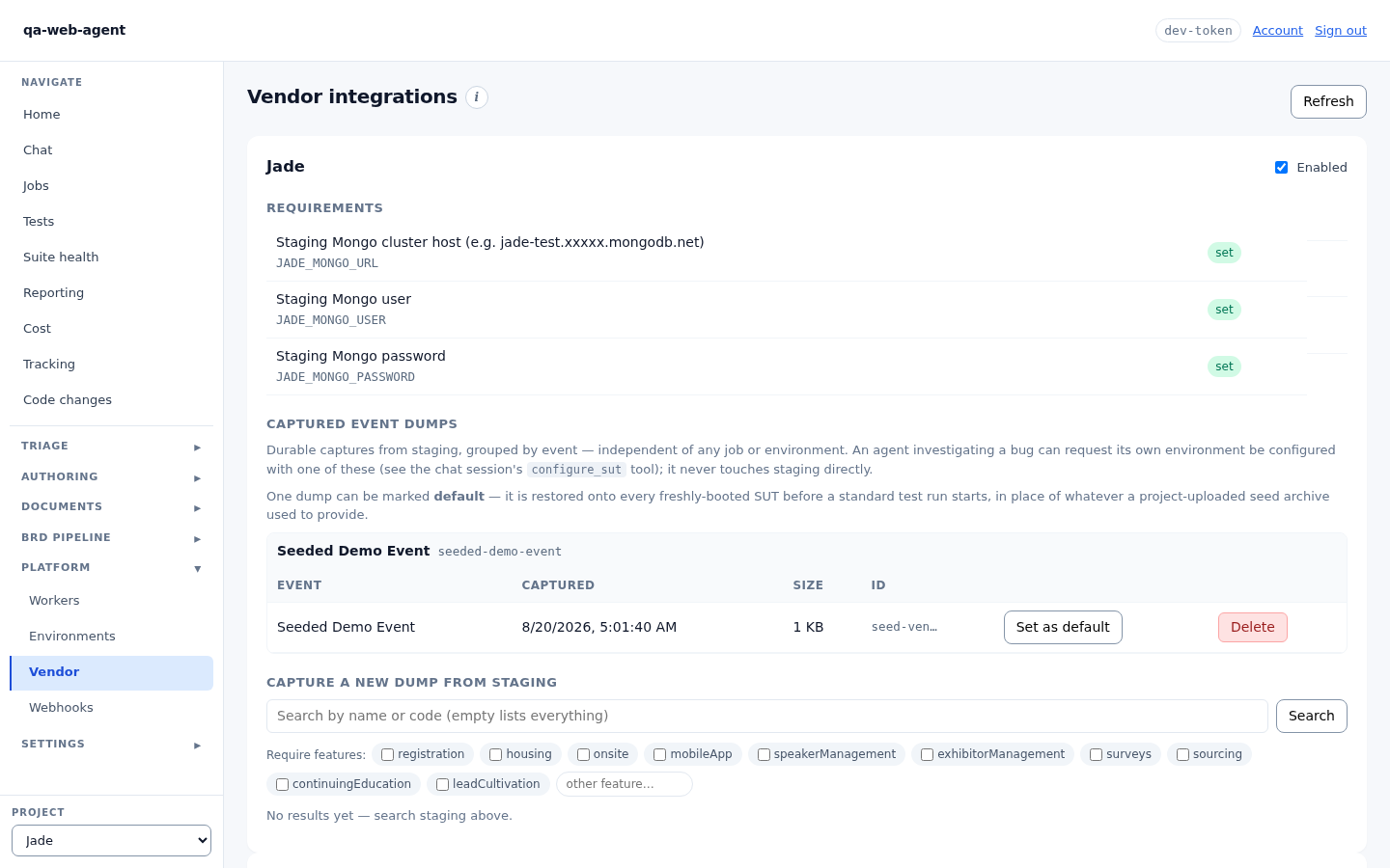 The Vendor view for Jade: the integration's requirements, the captured event dumps catalog with a default, and a search to capture a new dump from staging.